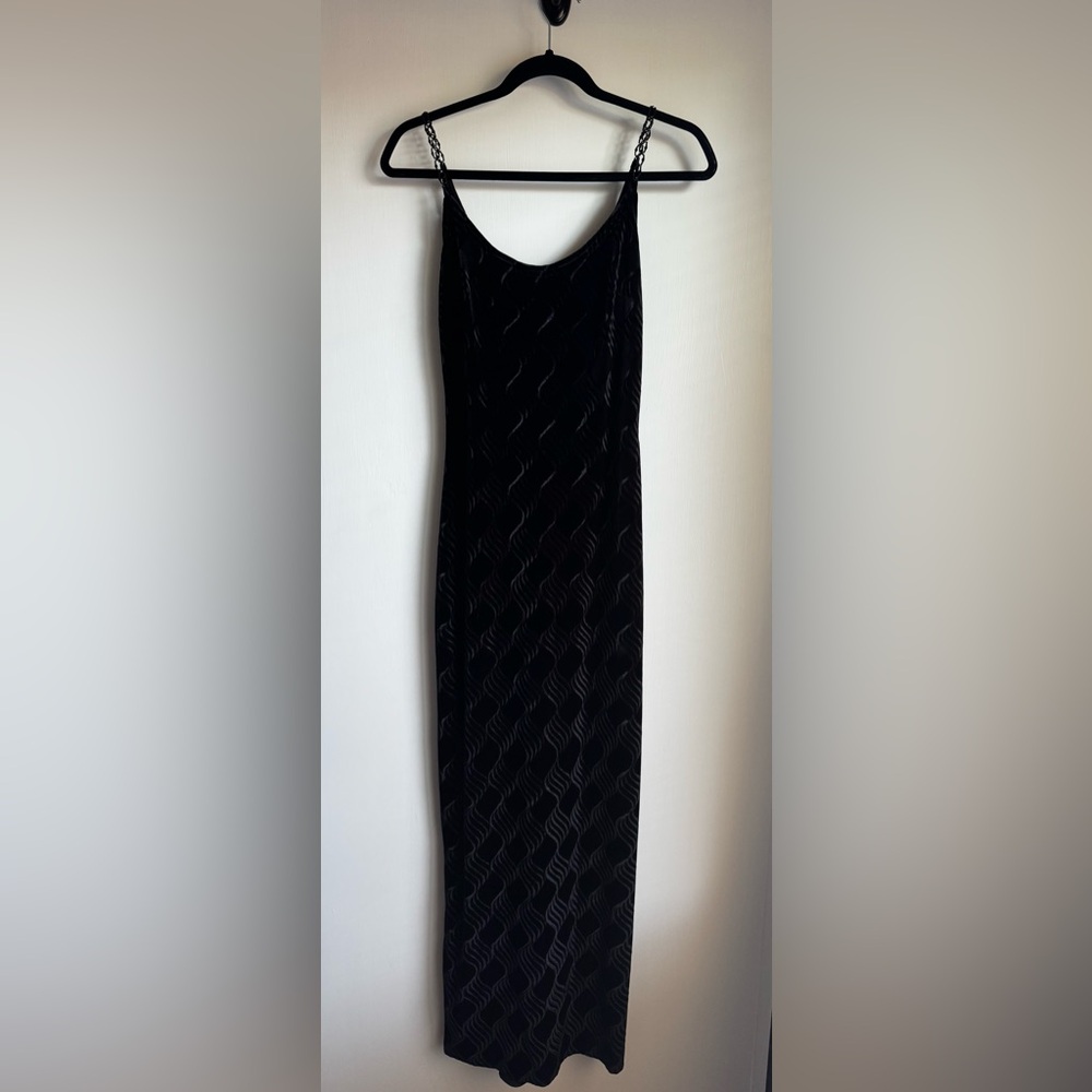 Y2K Vintage Jessica McClintock Gunne Sax Black Velvet Maxi Dress 90s Chain Strap